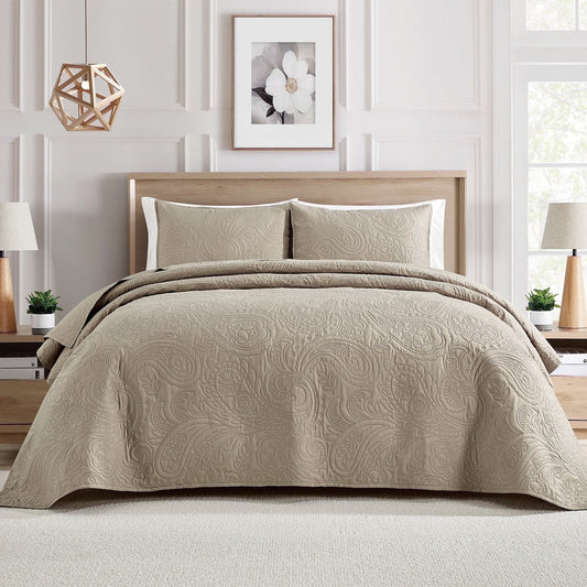 Bourina Modern Floral 3-Piece Quilt Set– Queen,Beige,Lightweight & Comfortable,Perfect for All Seasons