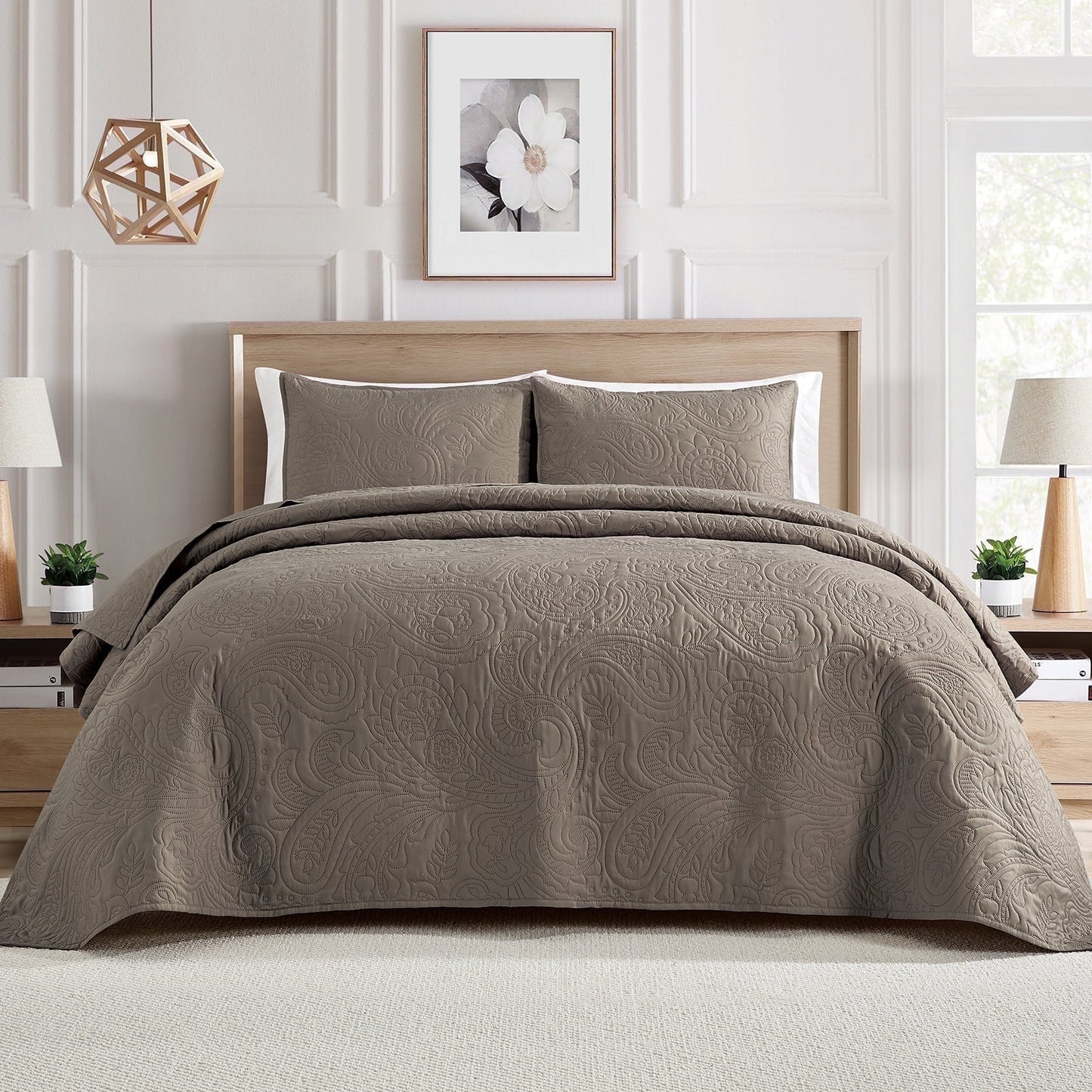 bourina modern floral 3-piece quilt set– queen,taupe,lightweight & comfortable,perfect for all seasons