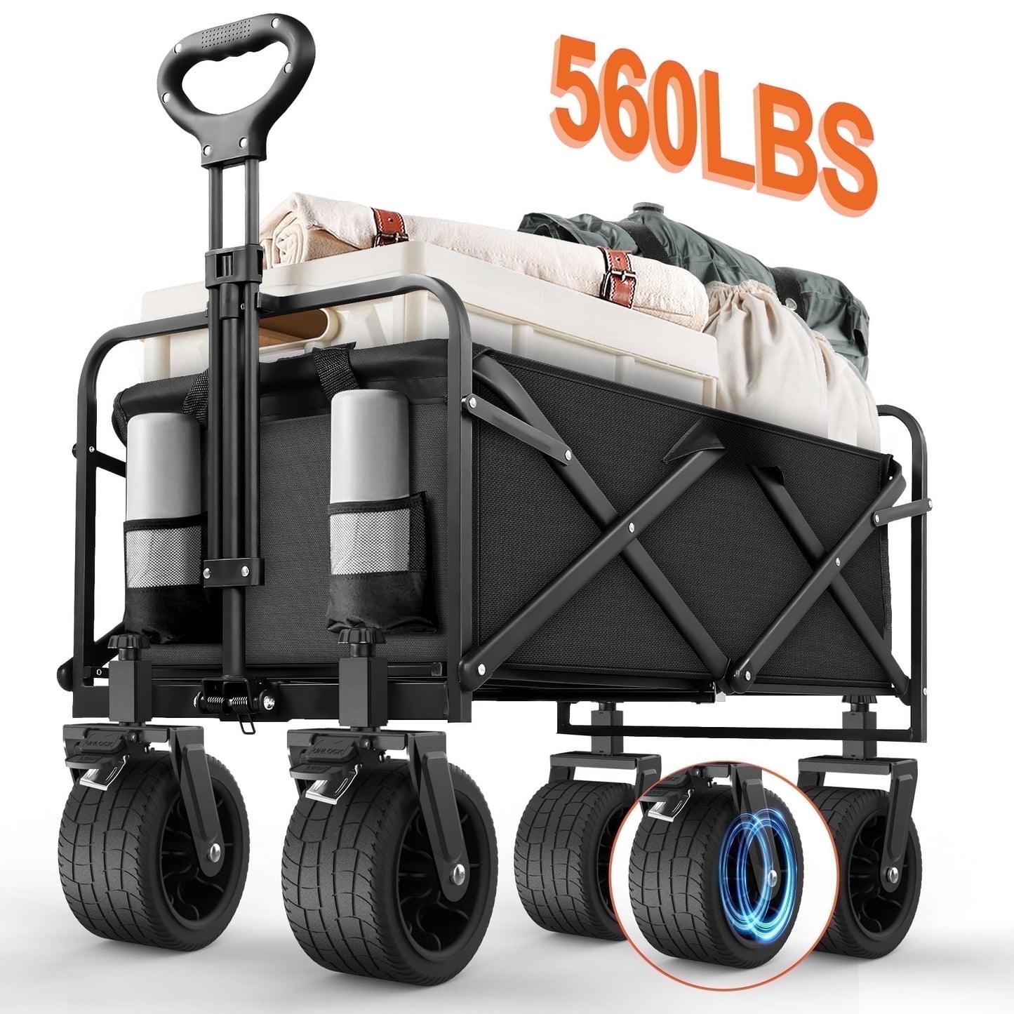 qunler large collapsible folding wagon, 560 lbs heavy duty big bucket utility garden cart with oversized tank wheels for sports, shopping, camping kids, black
