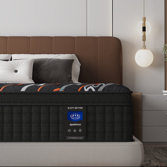 MRH Full 14 inch Euro Top Hybrid Mattress – Memory Foam, Individually Pocketed Springs, Medium Firm, Strong Edge Support, Black