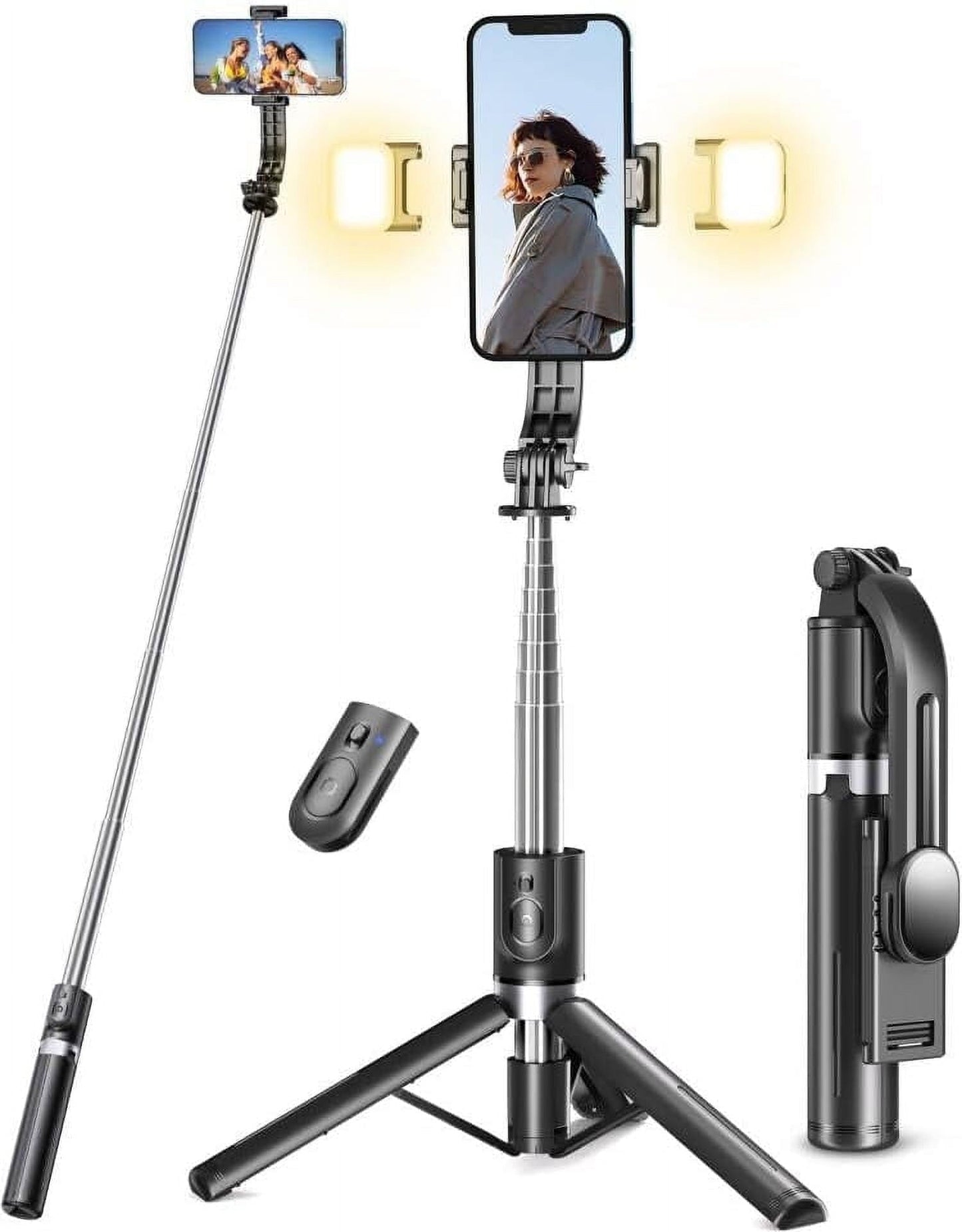 vamout selfie stick tripod, 45'' portable retractable selfie stick with bluetooth remote & 2 fill light, 360°rotation anti-shake phone tripod compatible with iphone android/ios