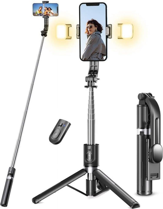 VAMOUT Selfie Stick Tripod, 45'' Portable Retractable Selfie Stick with Bluetooth Remote & 2 Fill Light, 360°Rotation Anti-shake Phone Tripod Compatible with iphone Android/iOS