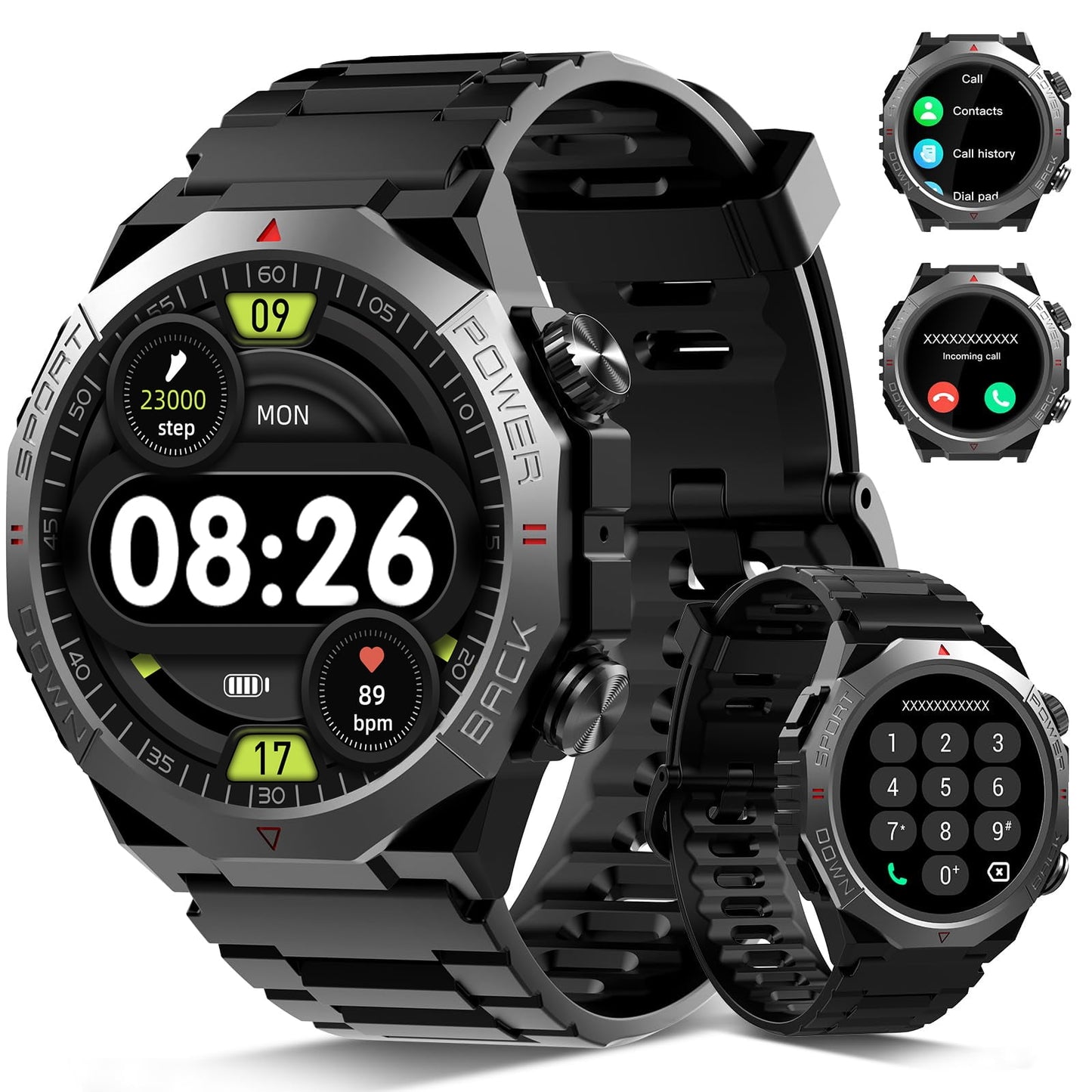 smart watch for men answer/make call for android iphone, 1.39" hd screen mens watch 100+ sports modes, 400mah rugged smartwatch pedometer