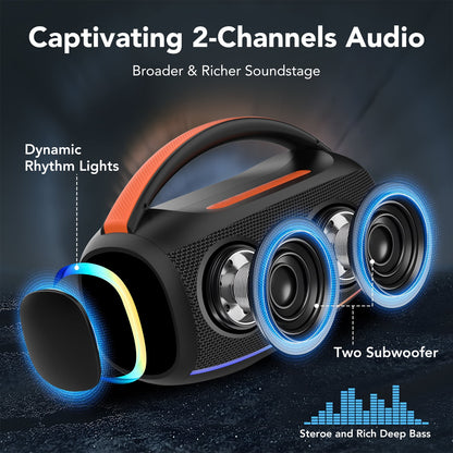 Bluetooth Speaker, Portable Wireless Speaker with RGB Lights, Deep Bass, Waterproof Outdoor Speaker Boombox for Pool Beach Party