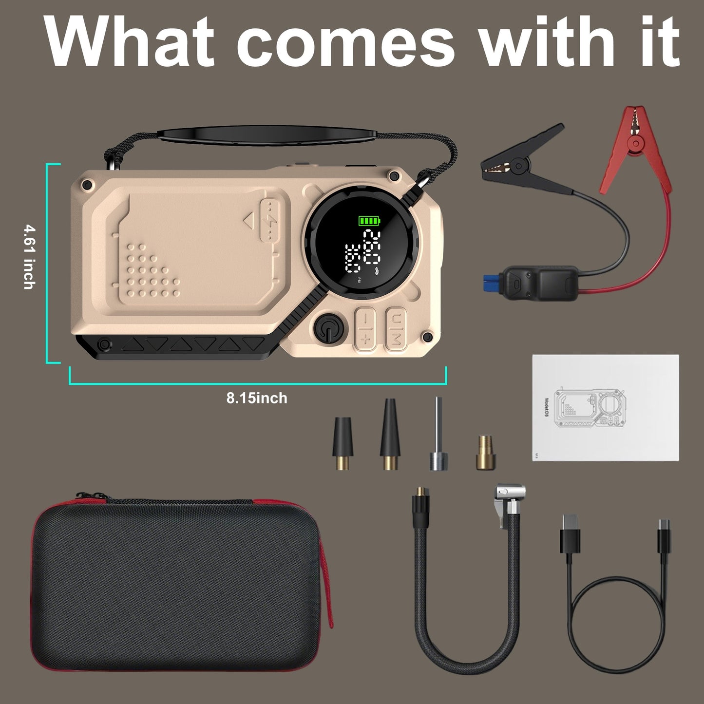 evlive 3000a peak car jump starter portable(8.5 gas/6l diesel)，battery jump starter with air compressor 150 psi，dual usb quick charge & led light