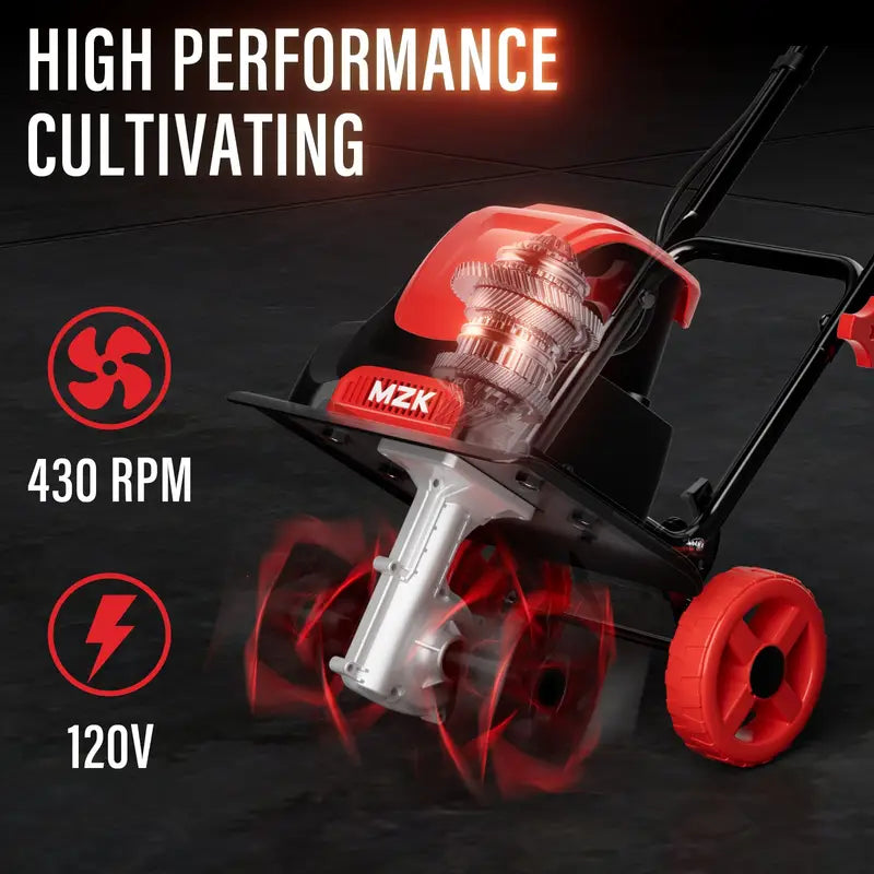 mzk 12" electric tiller, 8" tilling depth with adjustable wheels, suitable for garden/lawn/yard