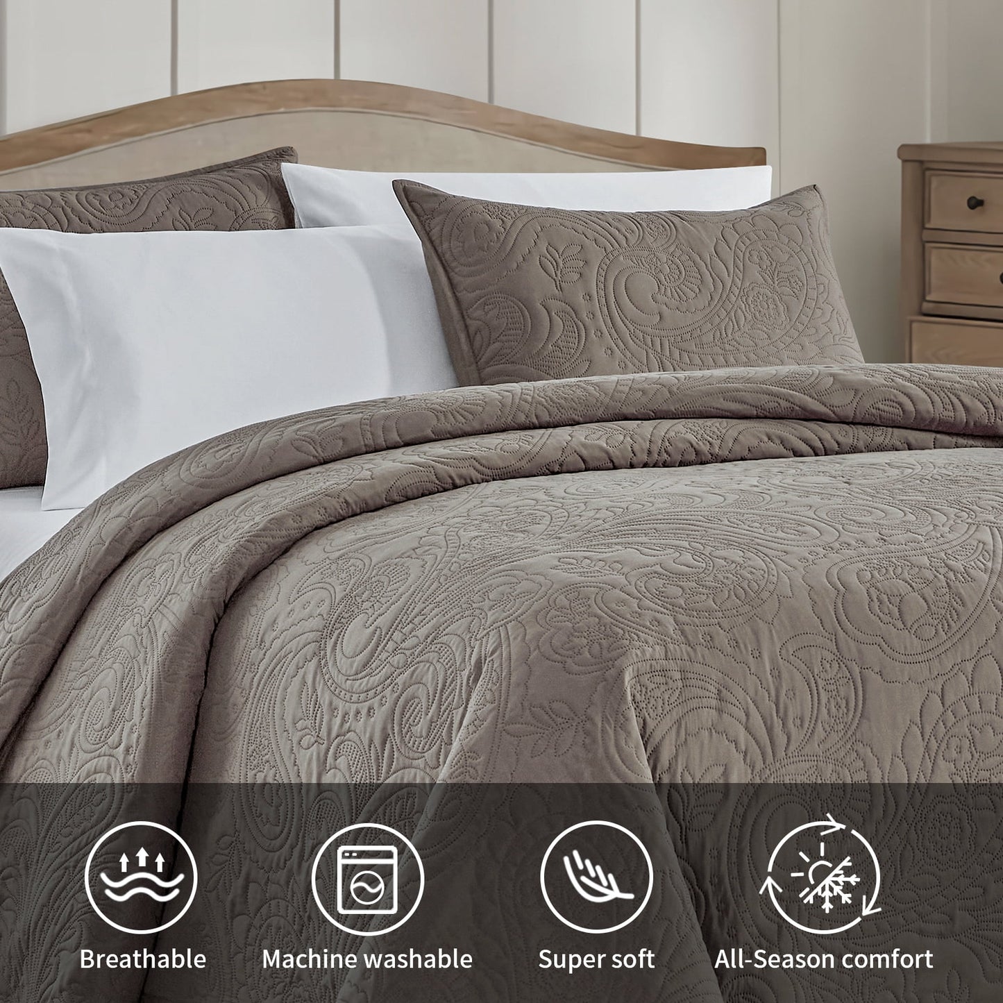 bourina modern floral 3-piece quilt set– king,taupe,lightweight & comfortable,perfect for all seasons