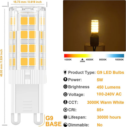 G9 Led Bulbs 5W Replace 40W 50W 60W Halogen Bulbs, 6000K Warm White, AC120V No Flicker Dimmable G9 T4 Led Bulbs for Pendant Ceiling Chandelier Wall Lighting, 6 Pack