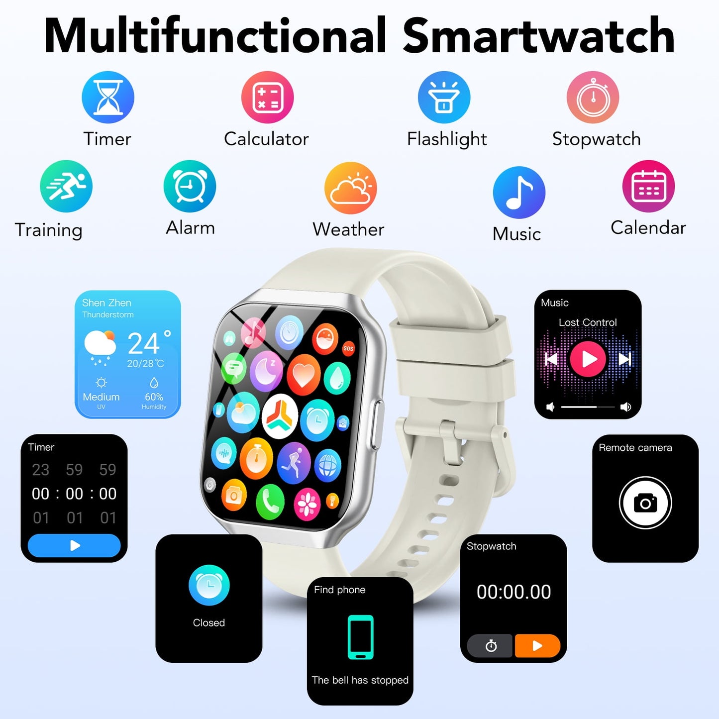 smart watch fits for android and iphone 1.96'' smartwatch for men women 110+ sports modes fitness tracker with answer make calls/message reminder, ip68 waterproof for gift (white）