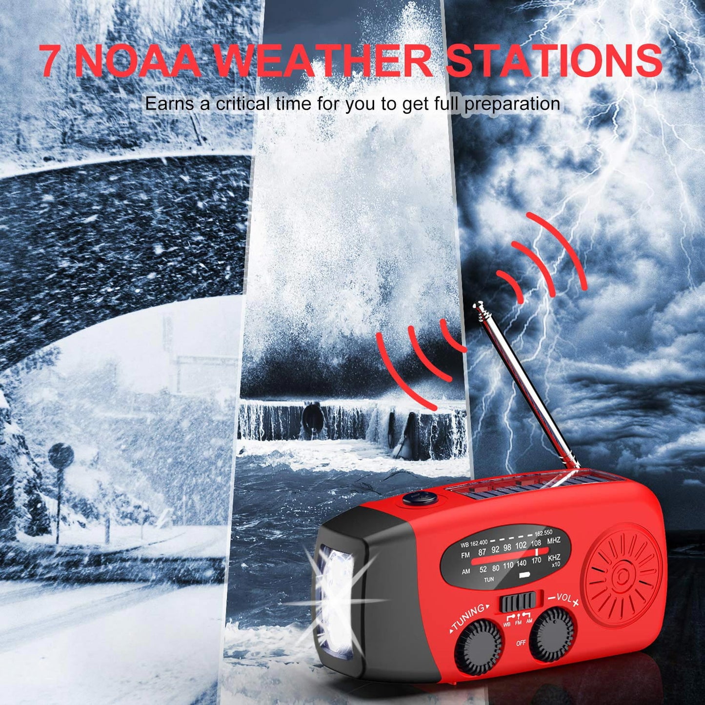 posrue noaa weather emergency radio, 7400mwh/2000mah am/fm/wb hand crank solar radio, portable power bank, weather alert, flashlight for outdoor use