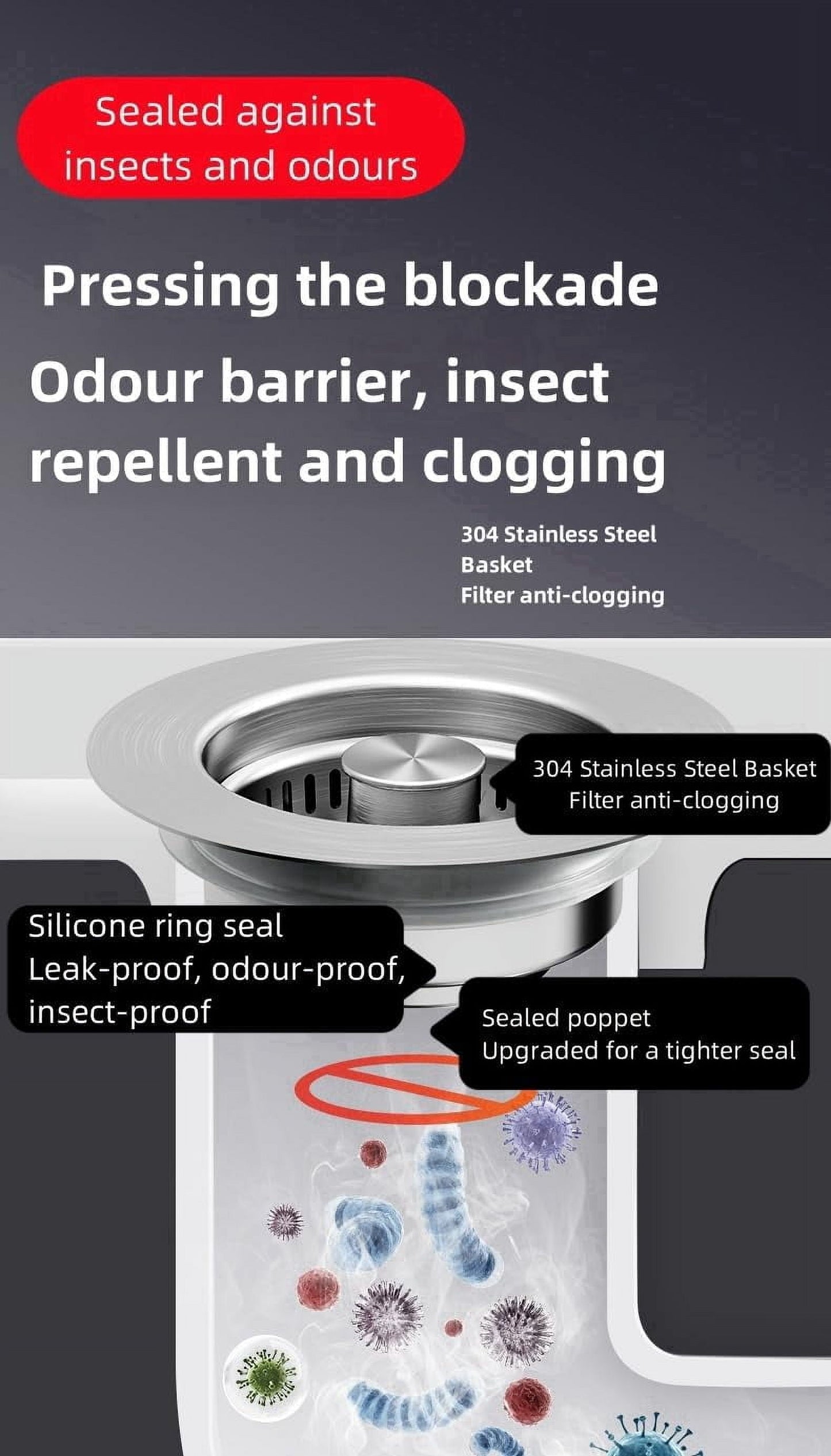 3-in-1 kitchen sink strainer stopper combo stainless steel wrap around sink downspout for us standard 3-1/2 inch sewer strainer, smooth handle for easy cleaning, anti-clogging