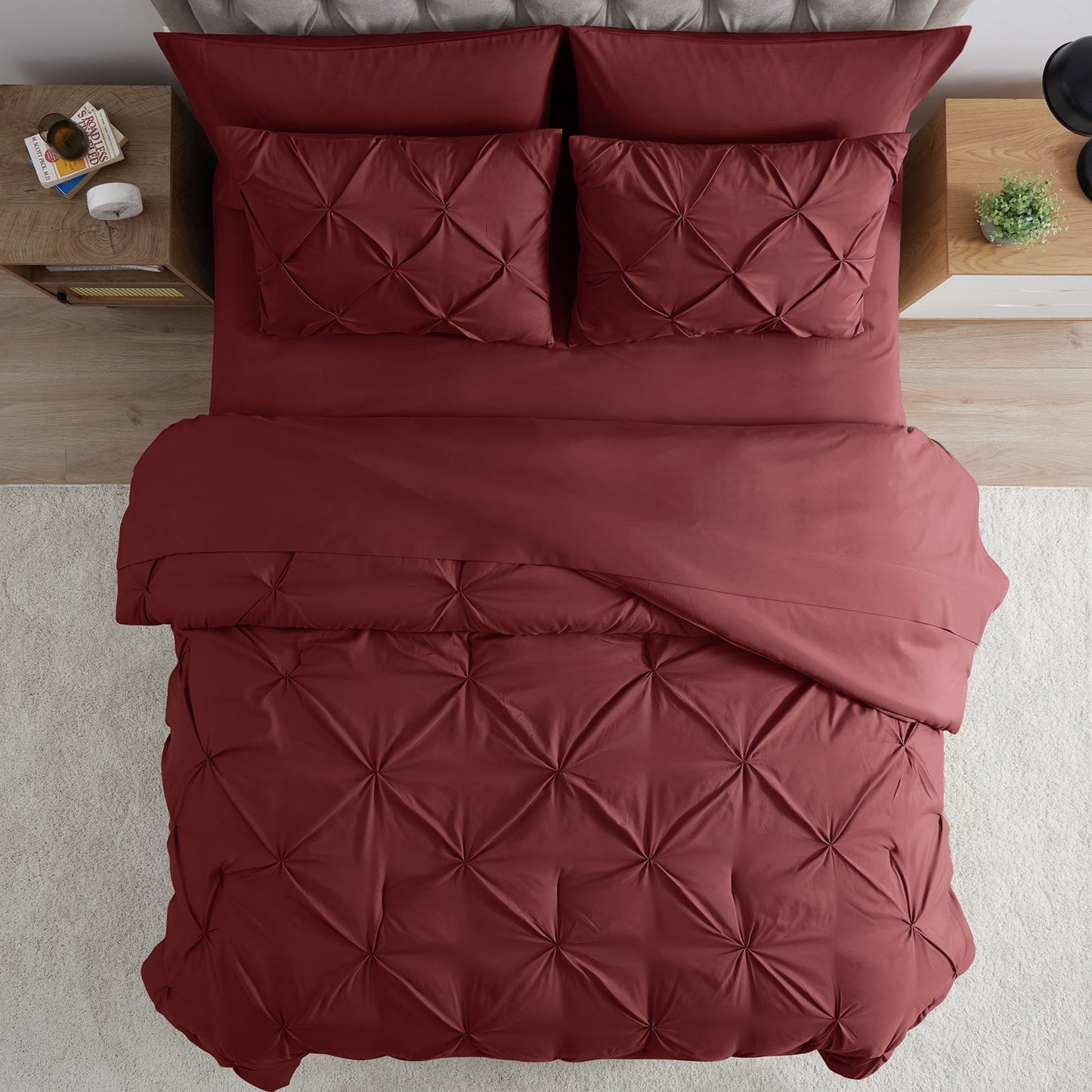 bourina comforter set, 3-piece, queen, pleated wrinkle-resistant microfiber bedding, burgundy, all-season