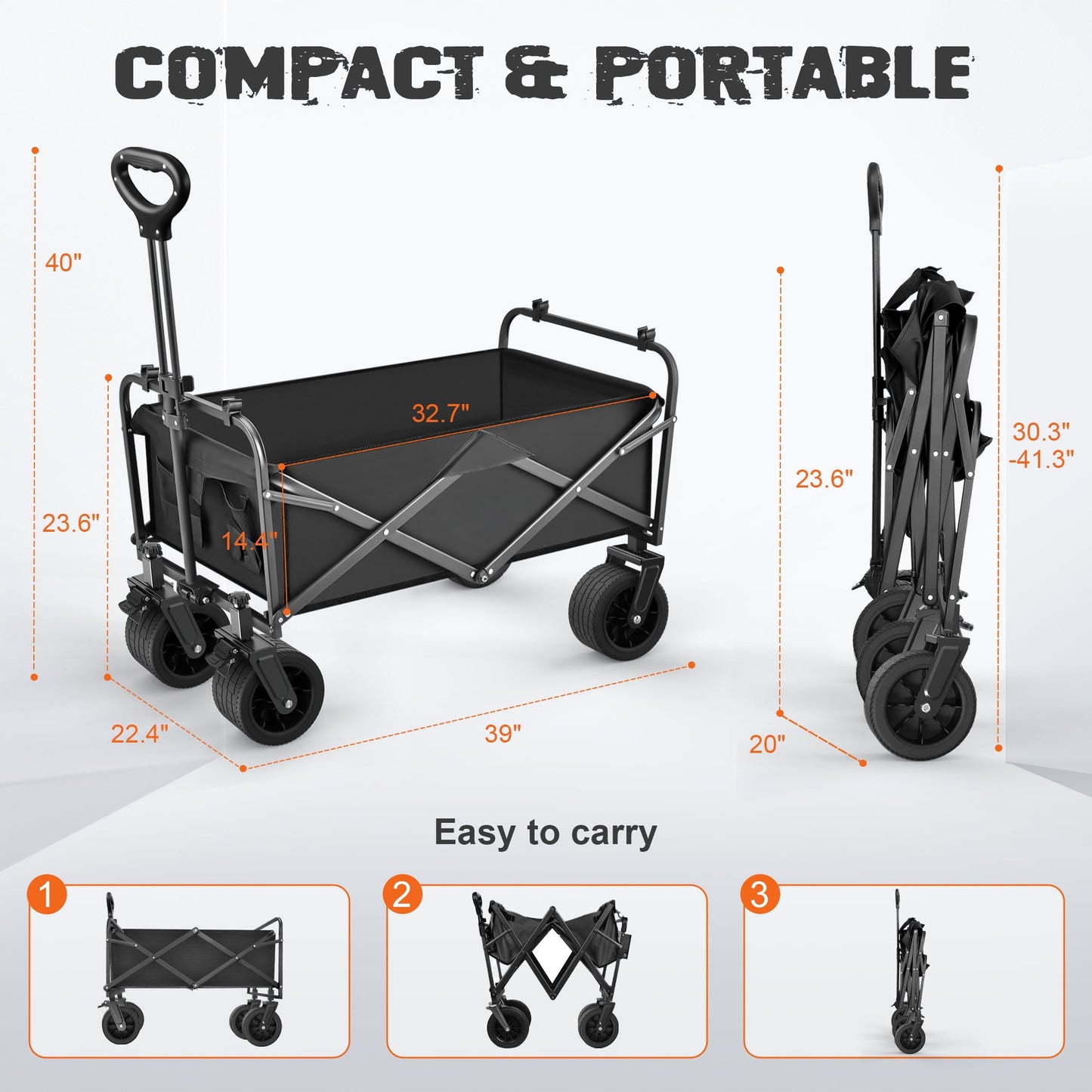qunler large collapsible folding wagon, 560 lbs heavy duty big bucket utility garden cart with oversized tank wheels for sports, shopping, camping kids, black