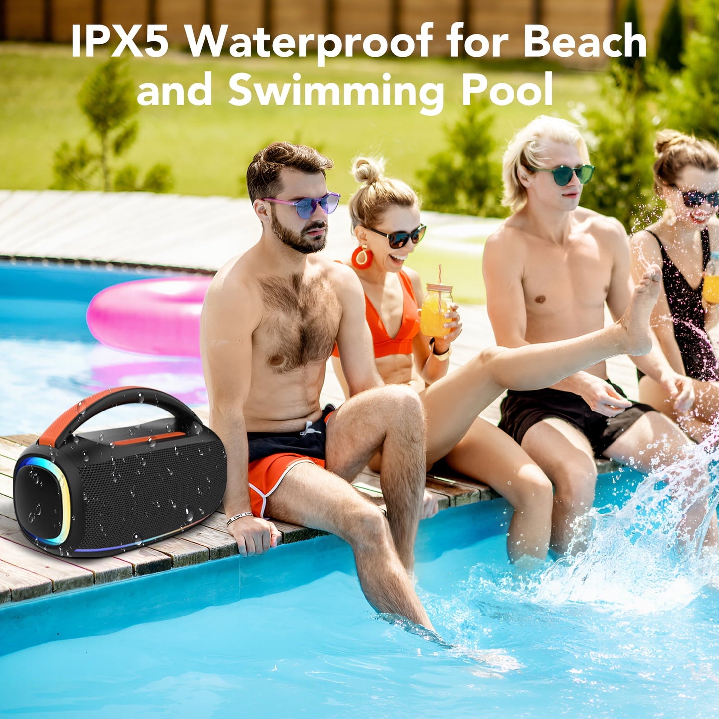 bluetooth speaker, portable wireless speaker with rgb lights, deep bass, waterproof outdoor speaker boombox for pool beach party