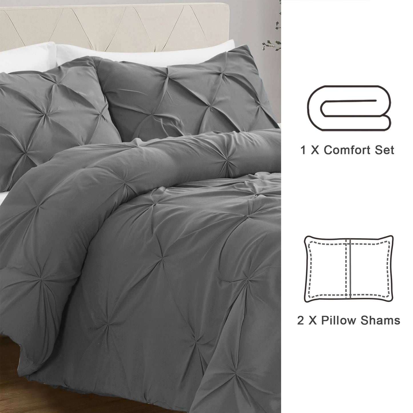 bourina 3-piece king size comforter set, pleated design, wrinkle-resistant microfiber bedding, grey, 102" x 90", lightweight & machine washable, all season