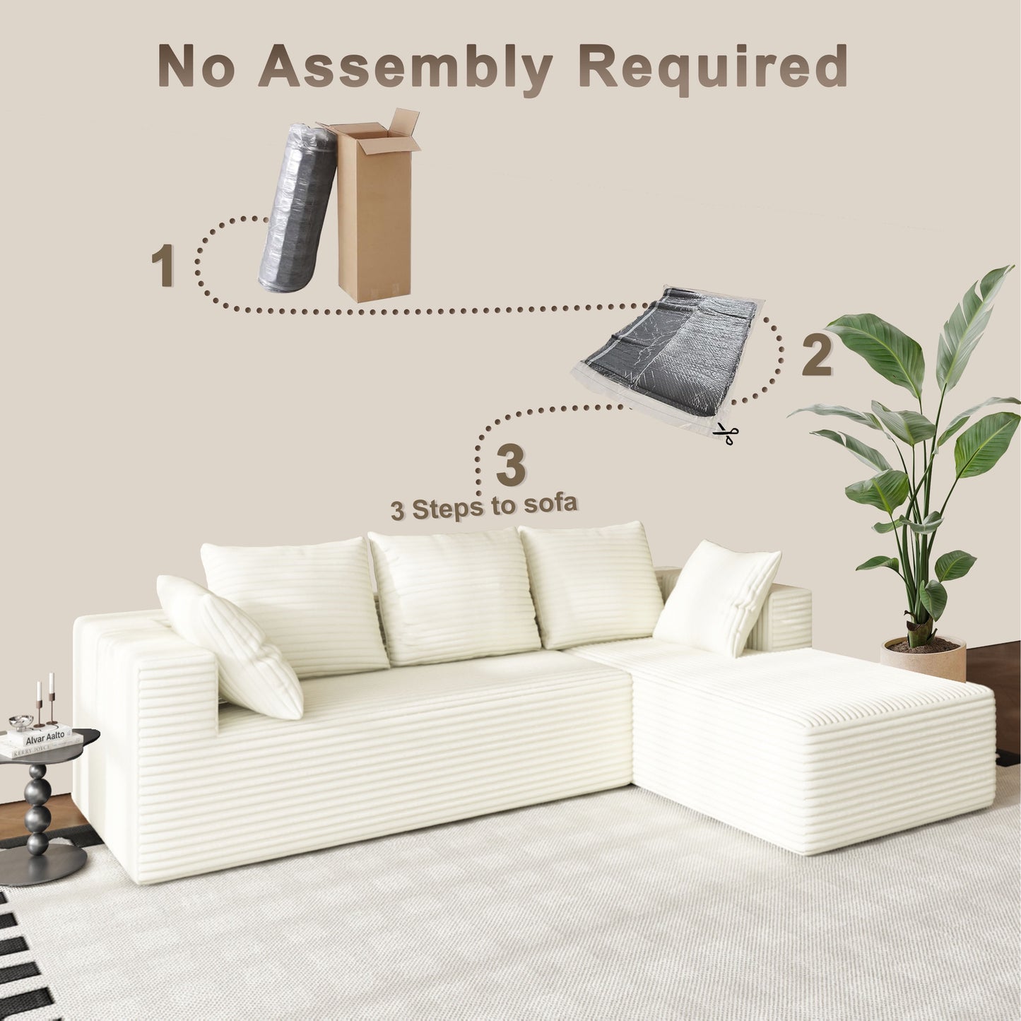 fvbeaya 106 inch cloud sectional couch, modern modular sofa with l-shape chaise, corduroy couches for living room bedroom, no assembly required, （right side lounger, white）