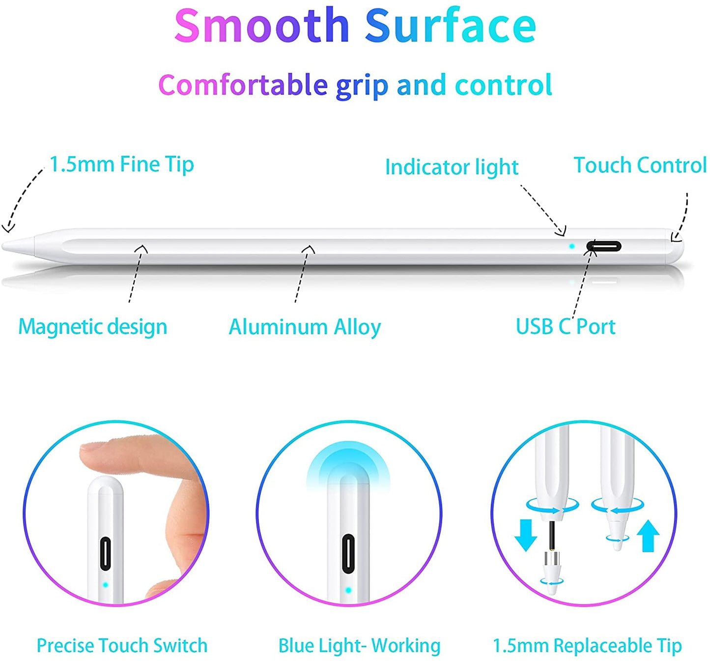 stylus pen for touch screens, active digital pencil with fine tip, rechargeable capacitive stylus for tablets & smartphones, universal for drawing & note-taking, 4 replaceable tips included