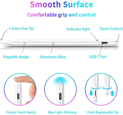 Stylus Pen for Touch Screens, Active Digital Pencil with Fine Tip, Rechargeable Capacitive Stylus for Tablets & Smartphones, Universal for Drawing & Note-Taking, 4 Replaceable Tips Included