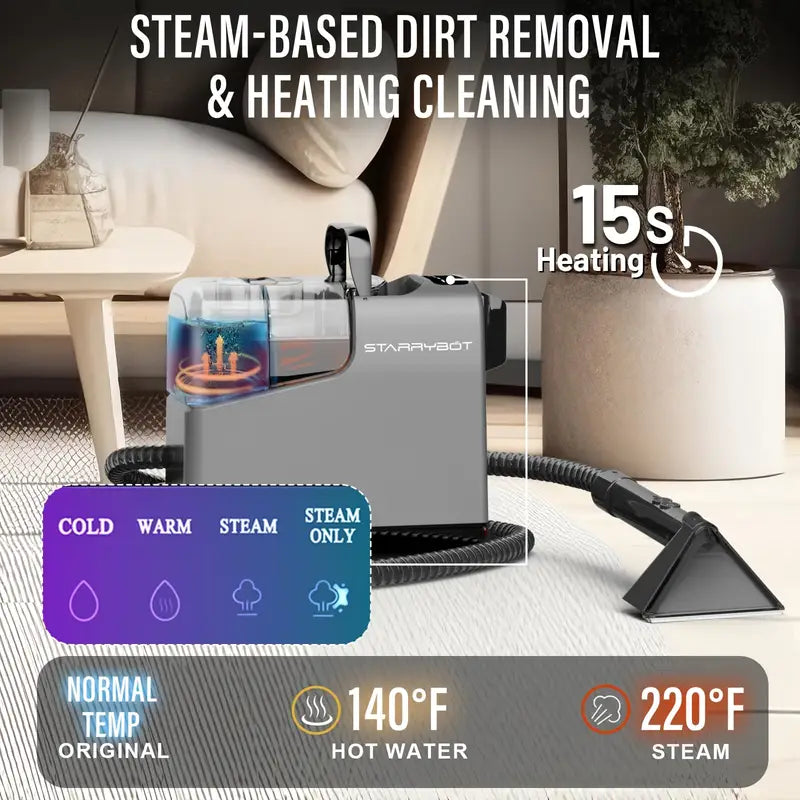 portable carpet cleaner machine with steam & heating technology - 15kpa powerful suction, self-cleaning, 110-130v, 3-in-1 multi-tool for pet hair, couch, car, stairs, furniture, rugs