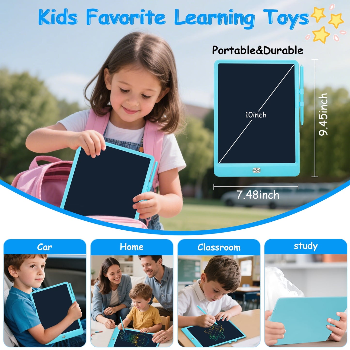 vamout lcd writing tablet, 10 inch colorful electronics drawing pads, erasable reusable toddler doodle board drawing tablet, educational and learning toys gift for over 3 years old kids (blue)