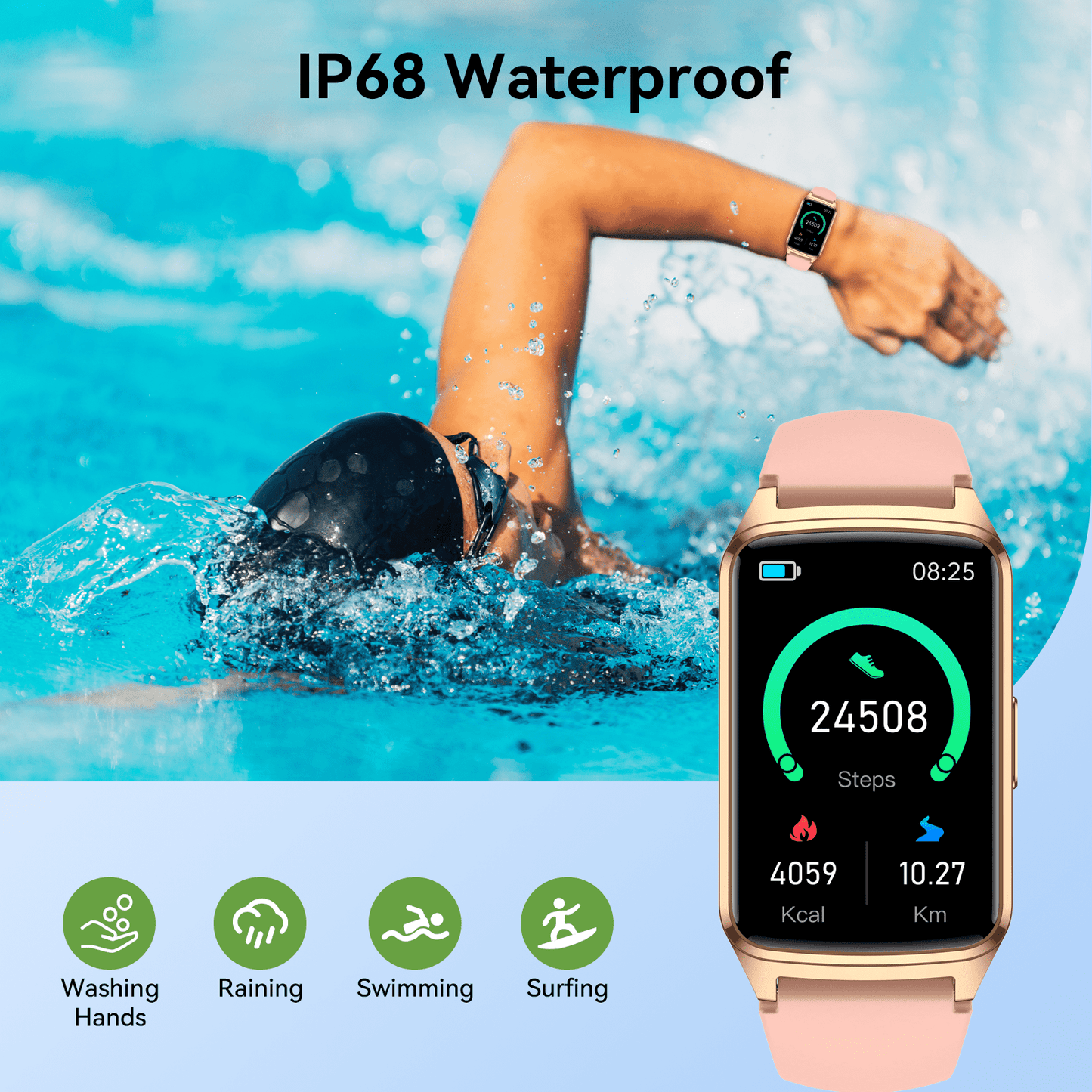 fitness tracker smart watch for women men make/answer calls with fitness and wellness tracking 100+ sports modes step calorie counter ip68 waterproof fits for android and iphone, pink