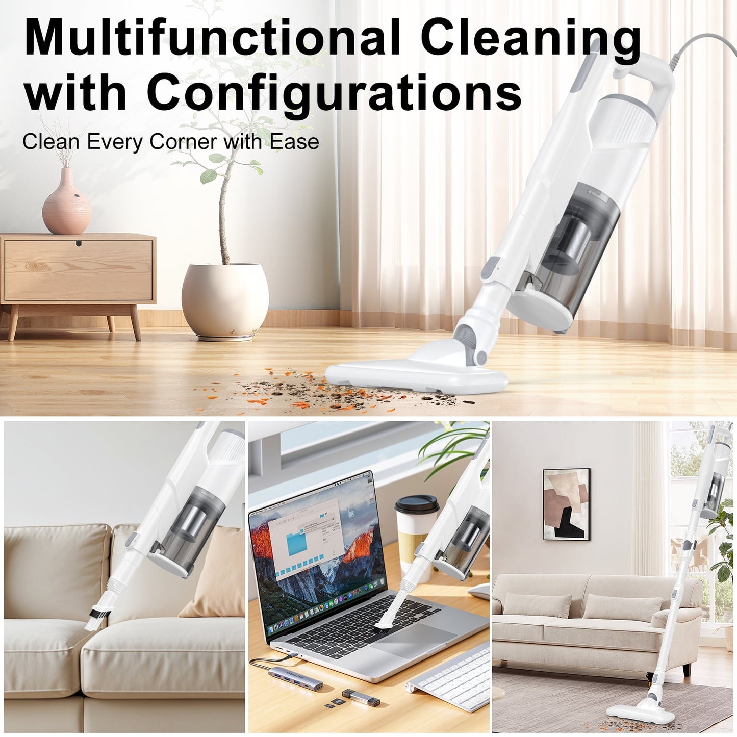 fetervic corded stick vacuum cleaner, 600w 18kpa powerful suction, 6-in-1 lightweight vacuum for hardwood floor, carpet & pet hair, with bendable wand & wall mount