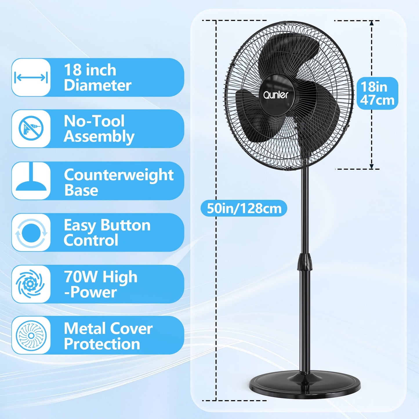 qunler 18" standing oscillating pedestal fan, quiet rotating stand up electric fan blow cold air for home bedroom, black