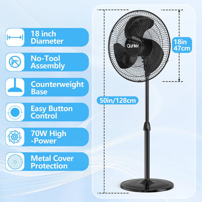 Qunler 18" Standing Oscillating Pedestal Fan, Quiet Rotating Stand up Electric Fan Blow Cold Air for Home Bedroom, Black