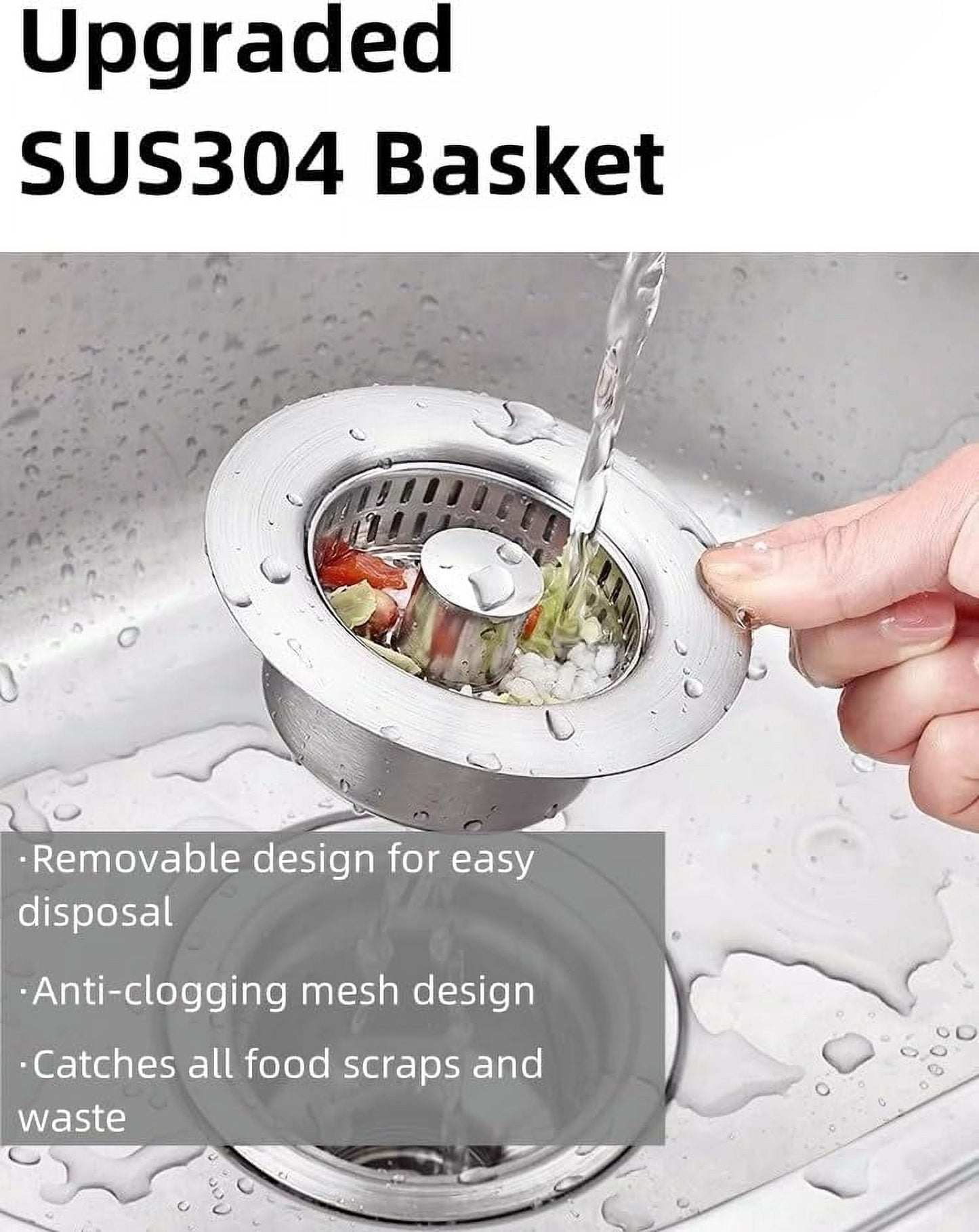 3-in-1 kitchen sink strainer stopper combo stainless steel wrap around sink downspout for us standard 3-1/2 inch sewer strainer, smooth handle for easy cleaning, anti-clogging