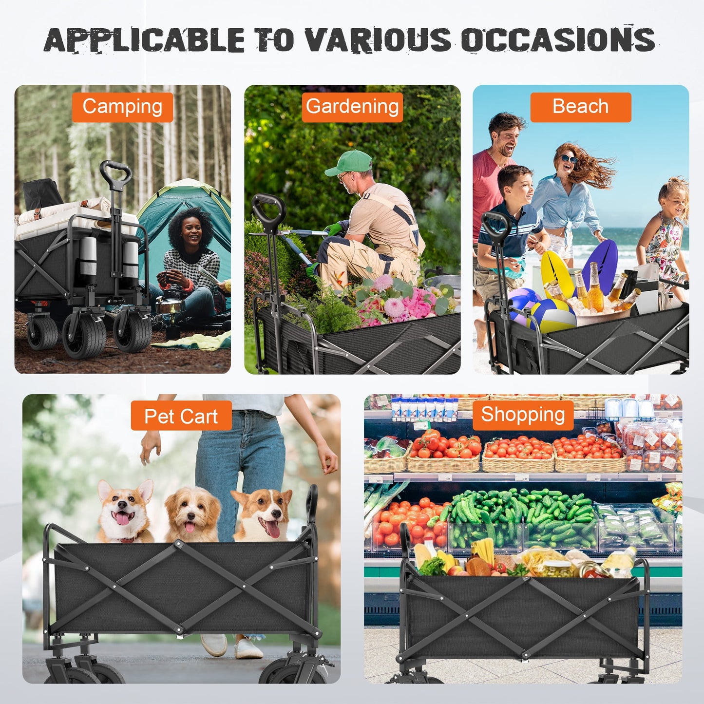 qunler large collapsible folding wagon, 560 lbs heavy duty big bucket utility garden cart with oversized tank wheels for sports, shopping, camping kids, black