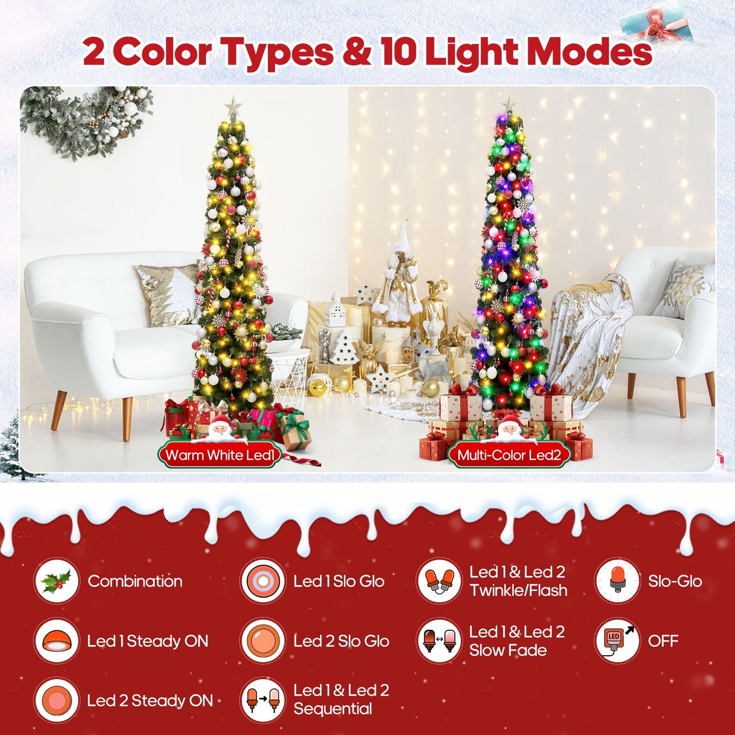 7.5ft pre-lit pencil christmas tree, 663 tip artificial xmas tree with 200 dual-color leds, 10 lighting modes, metal stand, green