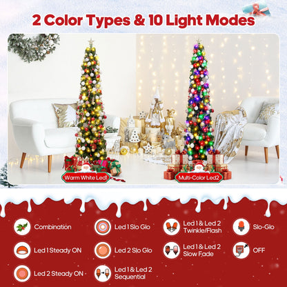 7.5ft Pre-Lit Pencil Christmas Tree, 663 Tip Artificial Xmas Tree with 200 Dual-Color LEDs, 10 Lighting Modes, Metal Stand, Green