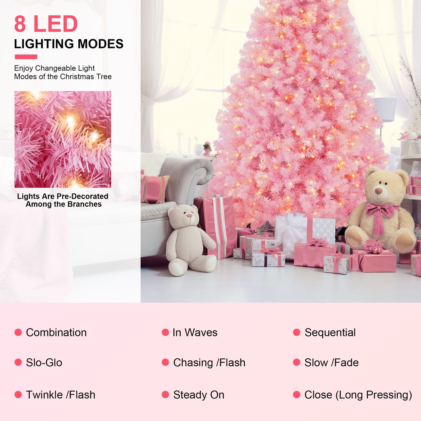 7.5ft artificial prelit pink christmas tree, qunler full xmas pine tree with 1300 branch tips 400 cold warm light for holiday indoor outdoor decoration