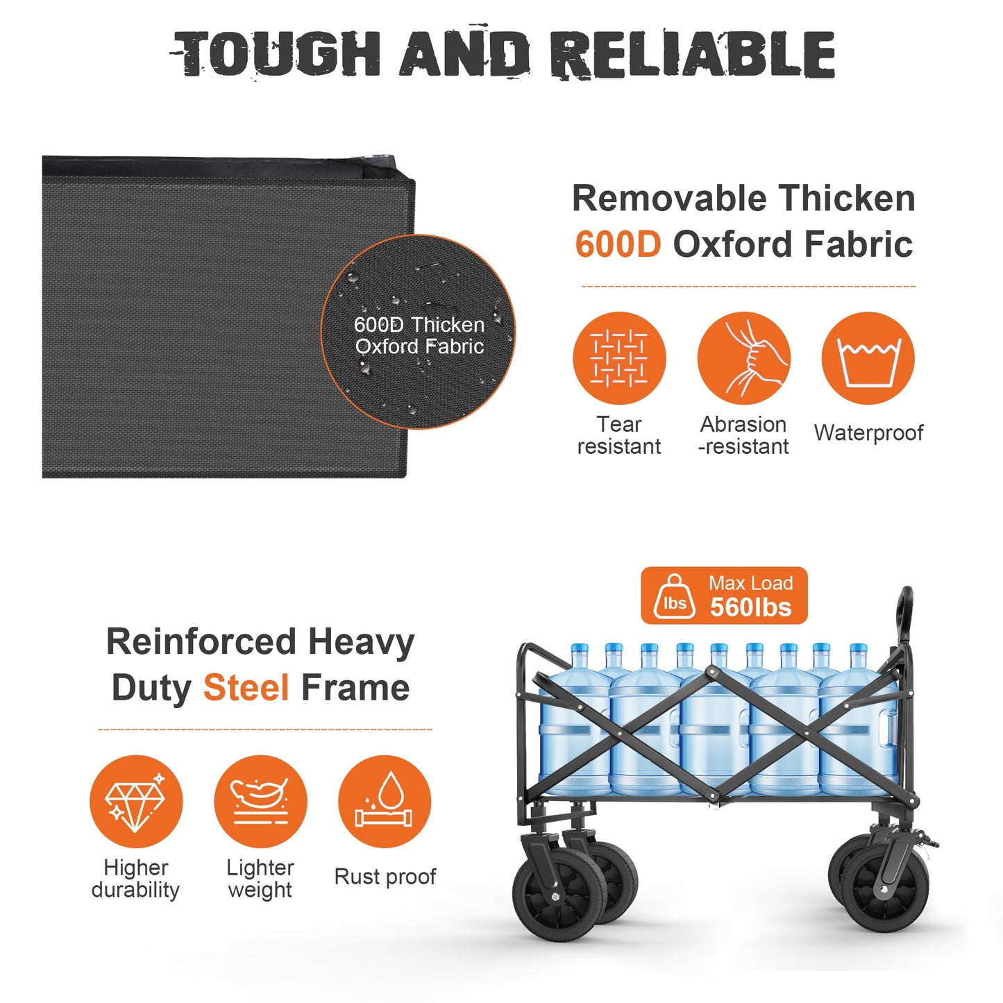 560lbs large collapsible garden cart with brakes, qunler folding utility wagon with big wheels and side pocket for camping, grocery, grey
