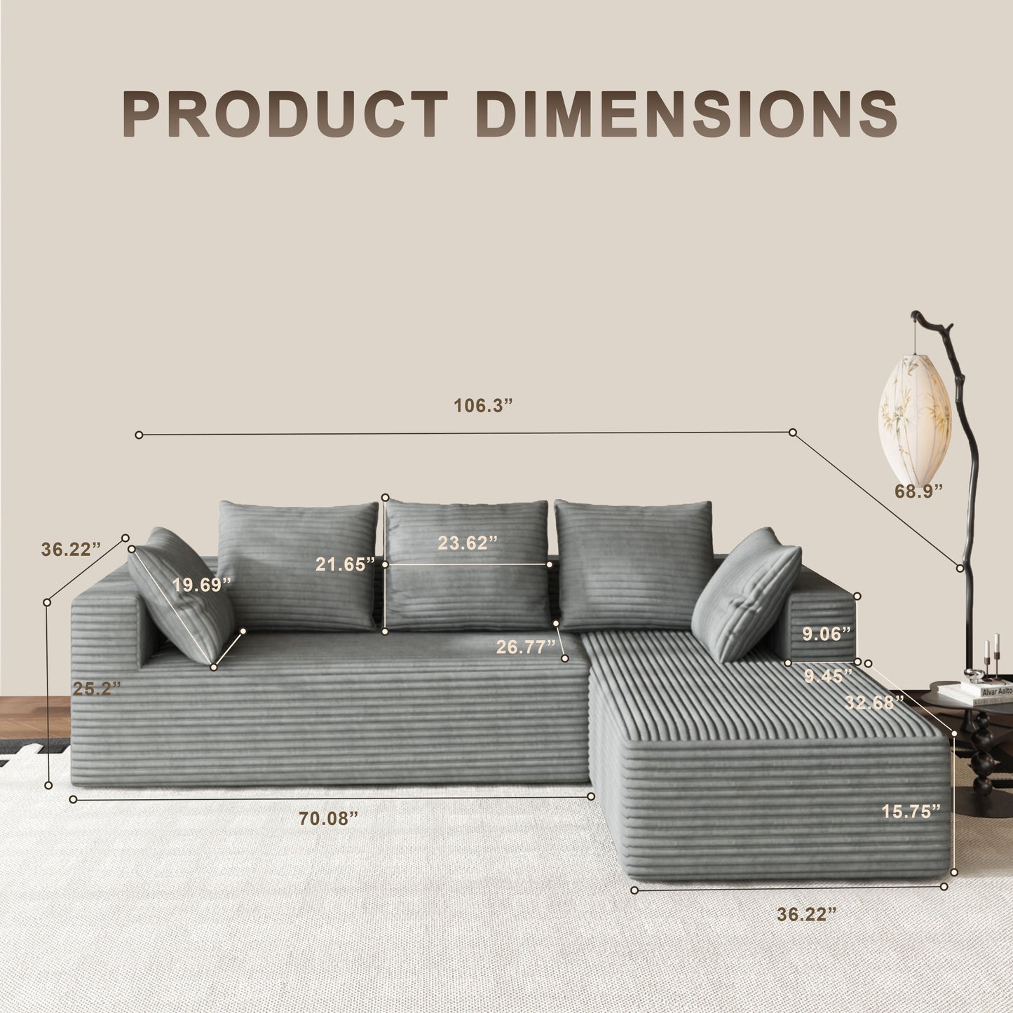 fvbeaya 106 inch cloud sectional couch, modern modular sofa with l-shape chaise, corduroy couches for living room bedroom, no assembly required, （right side lounger, grey）