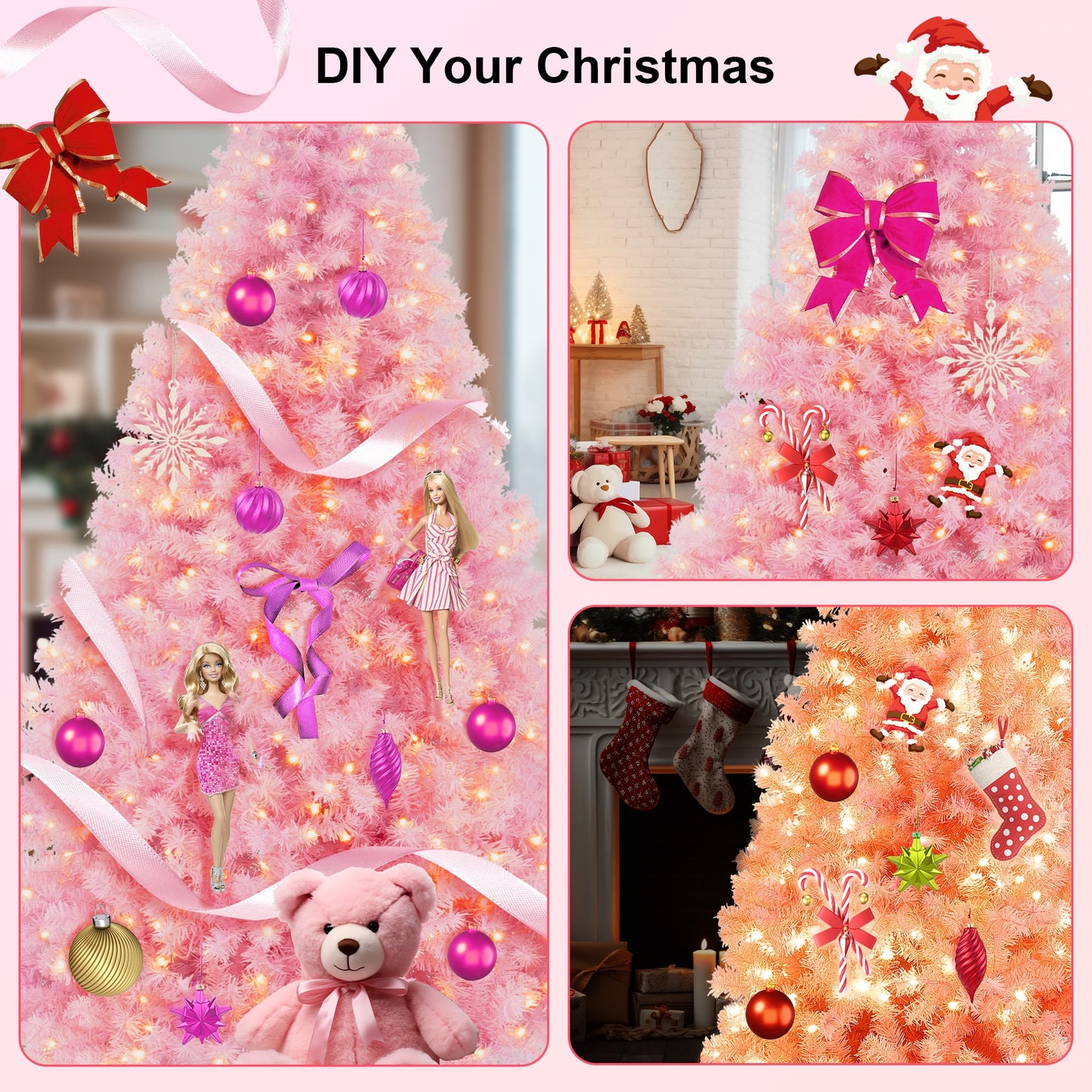 7.5ft artificial prelit pink christmas tree, qunler full xmas pine tree with 1300 branch tips 400 cold warm light for holiday indoor outdoor decoration