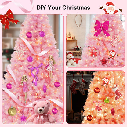 7.5FT Artificial Prelit Pink Christmas Tree, Qunler Full Xmas Pine Tree with 1300 Branch Tips 400 Cold Warm Light for Holiday Indoor Outdoor Decoration