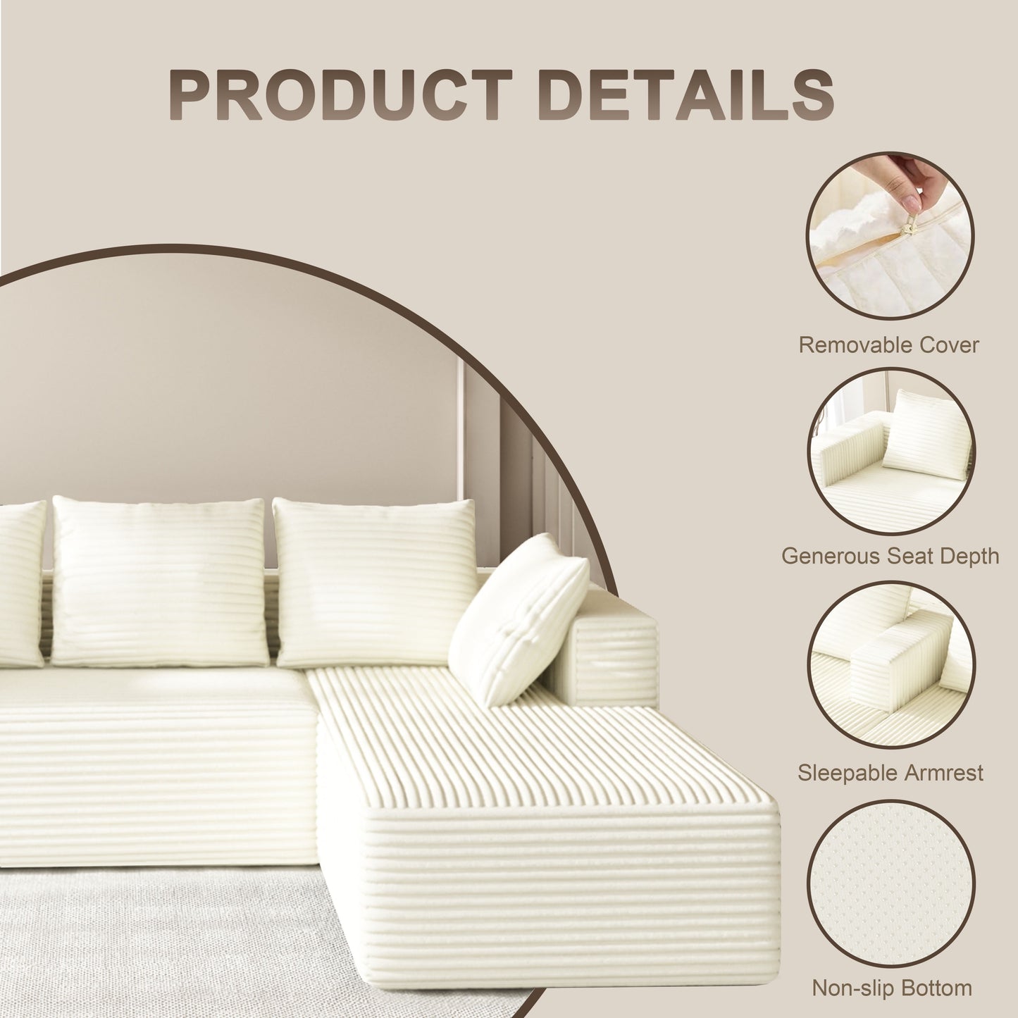 fvbeaya 106 inch cloud sectional couch, modern modular sofa with l-shape chaise, corduroy couches for living room bedroom, no assembly required, （right side lounger, white）