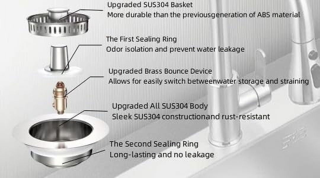3-in-1 kitchen sink strainer stopper combo stainless steel wrap around sink downspout for us standard 3-1/2 inch sewer strainer, smooth handle for easy cleaning, anti-clogging